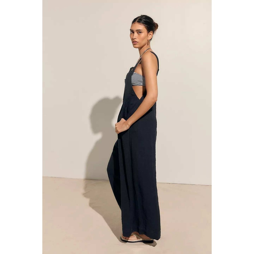 Free People Sun Drenched Overalls Black Wide Leg Jumpsuit Adjustable Strap Small